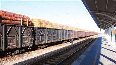 满载木材的铁路货运列车即将从中卫迎水桥段驶出